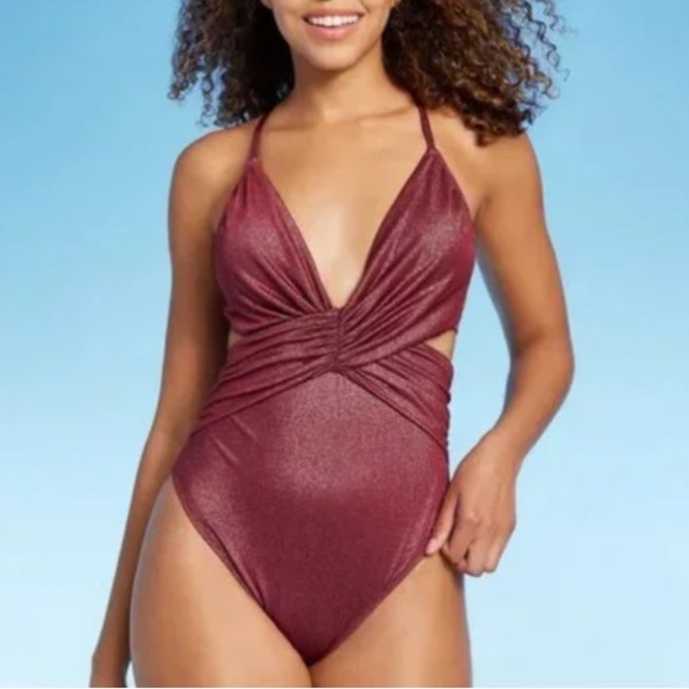 Shade & Shore Metallic Red Deep Plunge Cut Out Monokini Womens XS/S/M/14/17 NEW